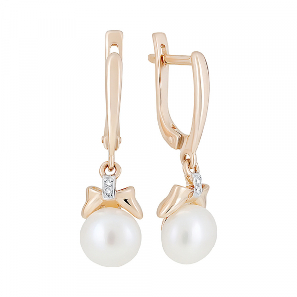 Золотые серьги с жемчугом и фианитом № 124618