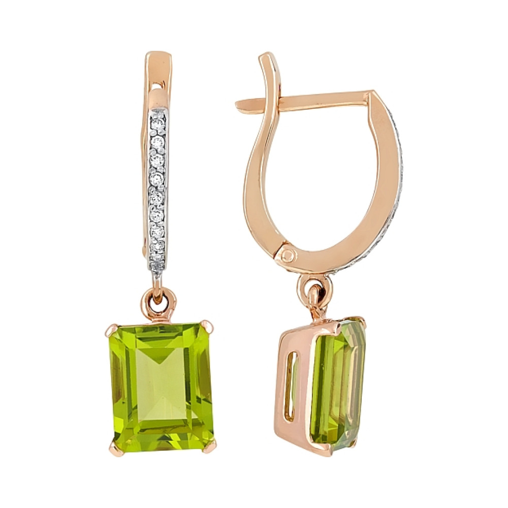 Золотые серьги с хризолитом и фианитом № 112165