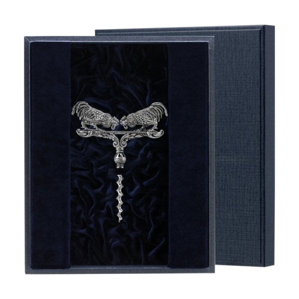 Штопор Петушиные бои с чернением в футляре из серебра 925 пробы