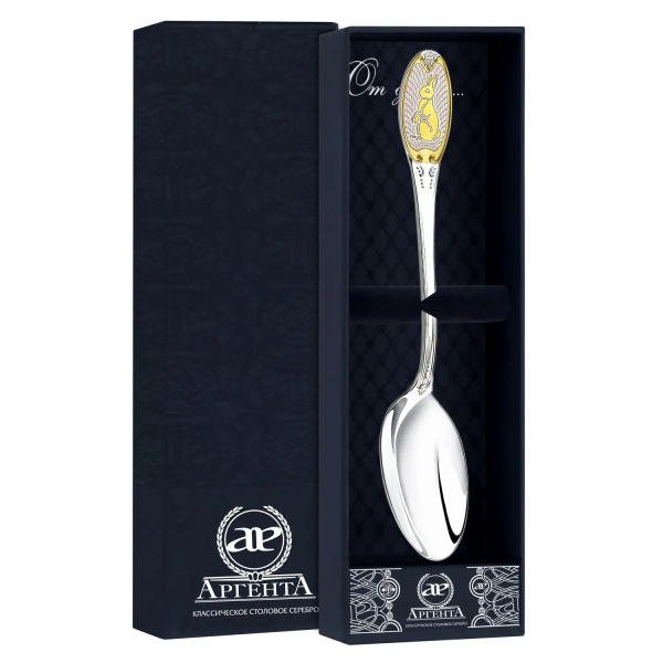 Ложка чайная с логотипом Кролик с позолотой в футляре из серебра 925 пробы подарок на Новый Год