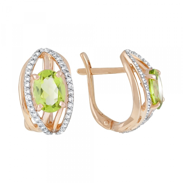 Золотые серьги с хризолитом и фианитом № 119640