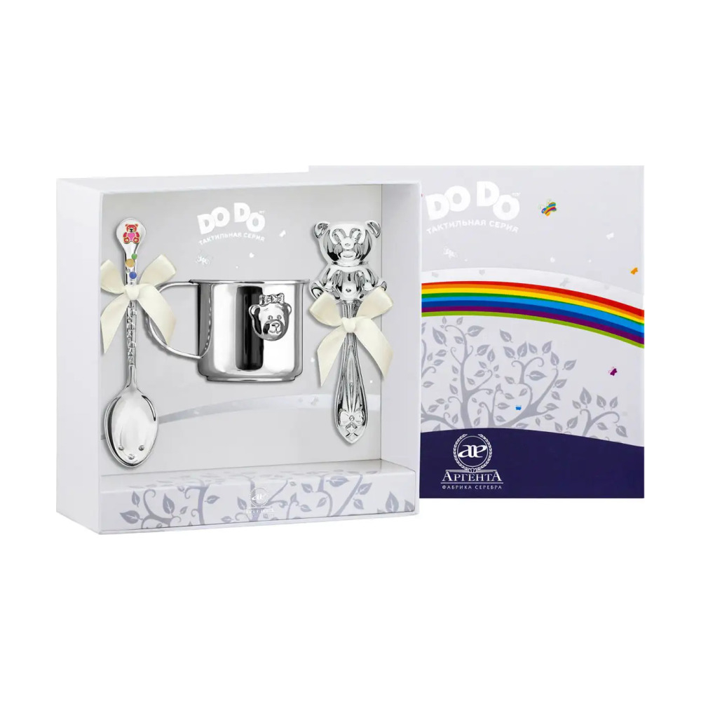 Набор для малышей DODO Мишка - малышка: кружка, ложка, погремушка с позолотой и с эмалью из серебра 925 пробы