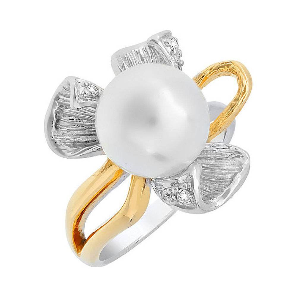 Серебряное кольцо с имитац. жемчуга и фианитом № 106225