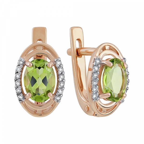 Золотые серьги с хризолитом и фианитом № 135160