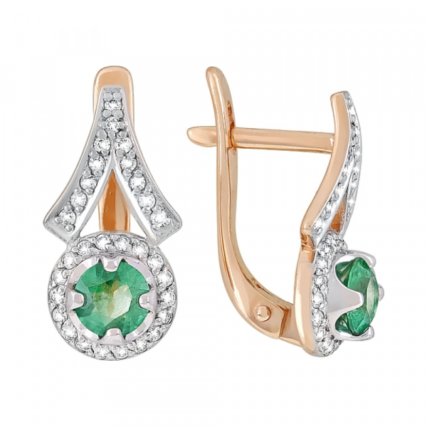 Золотые серьги с бриллиантом и изумрудом № 119189