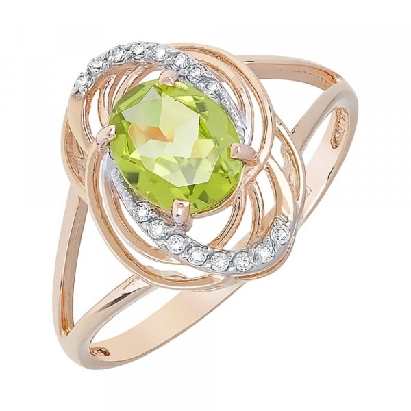 Золотое кольцо с хризолитом и фианитом № 119546