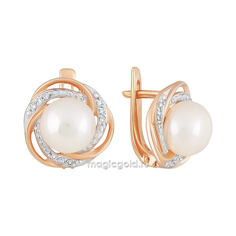 Золотые серьги с жемчугом и фианитом № 159015
