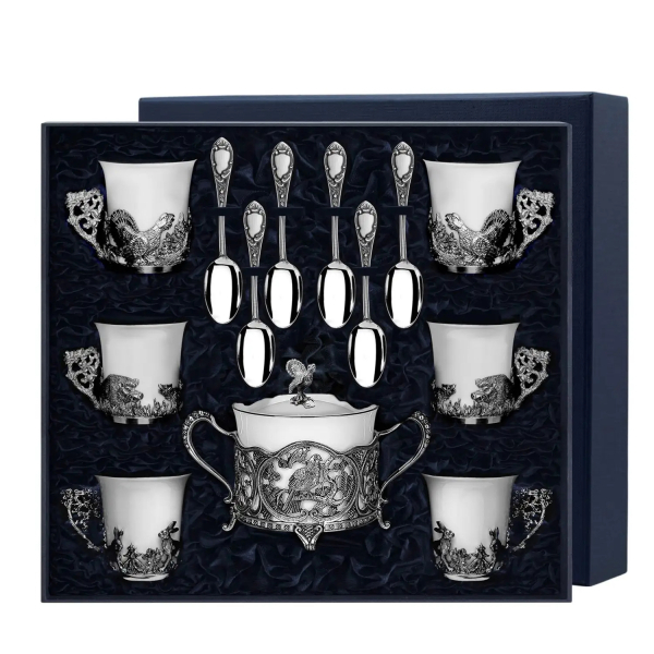 Набор Глухариный край: ложка, чашка, сахарница из серебра 925 пробы