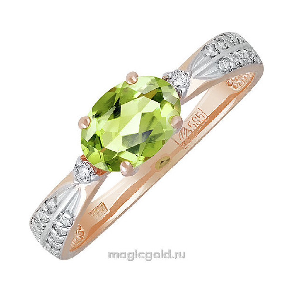 Золотое кольцо с хризолитом и фианитом № 139769