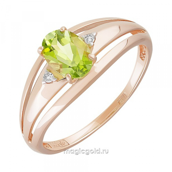 Золотое кольцо с хризолитом и фианитом № 142113