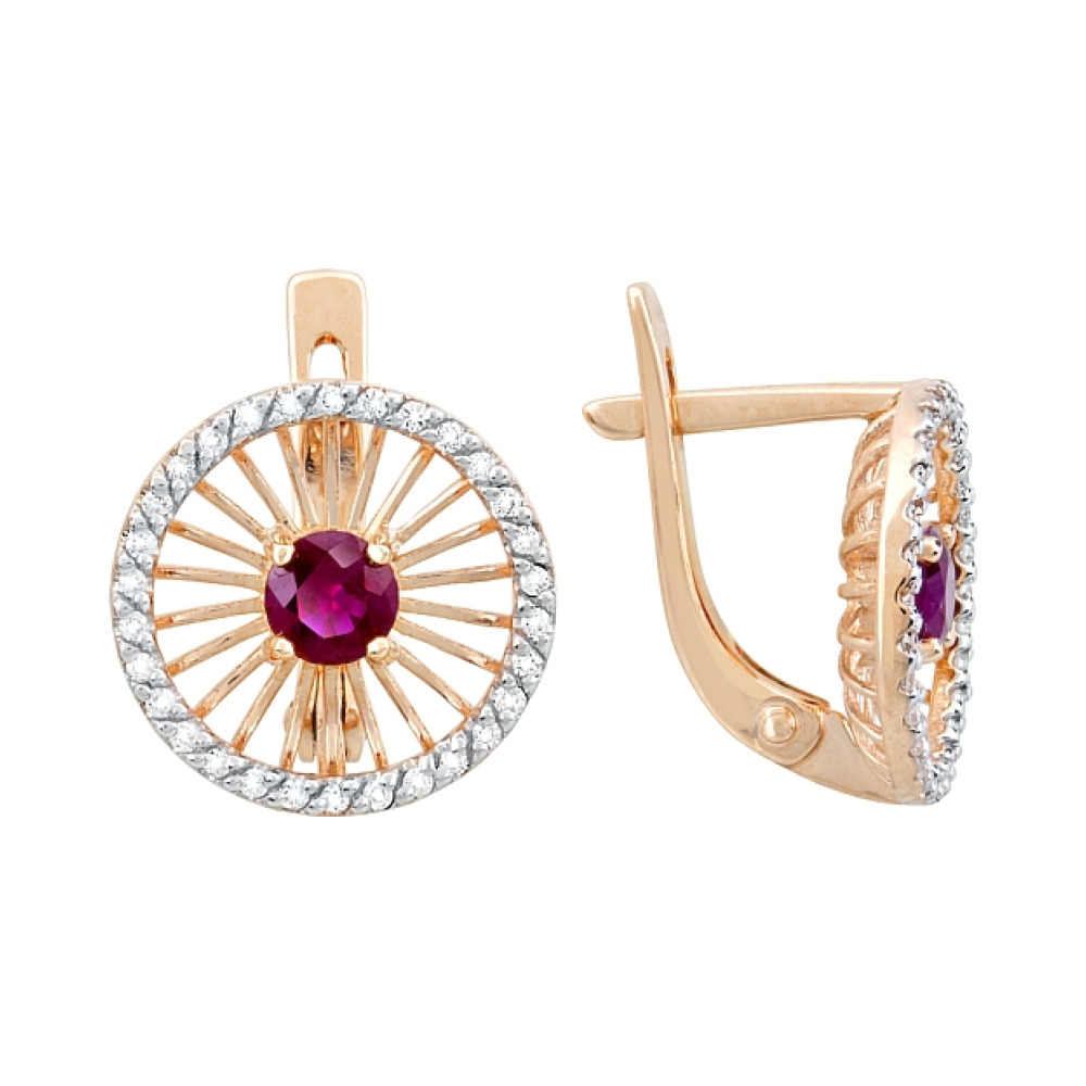 Золотые серьги с бриллиантом и рубином № 116601