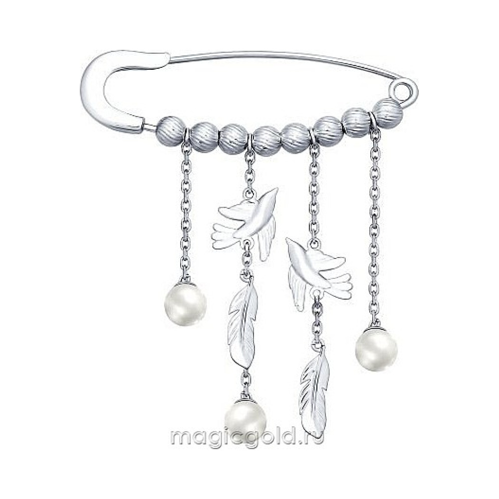 Серебряная брошь с имитацией жемчуга № 159967