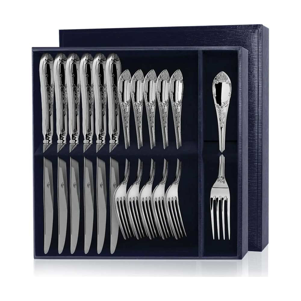 Набор столовый Престиж на 6 персон: вилка столовая, нож столовый с чернением в футляре из серебра 925 пробы