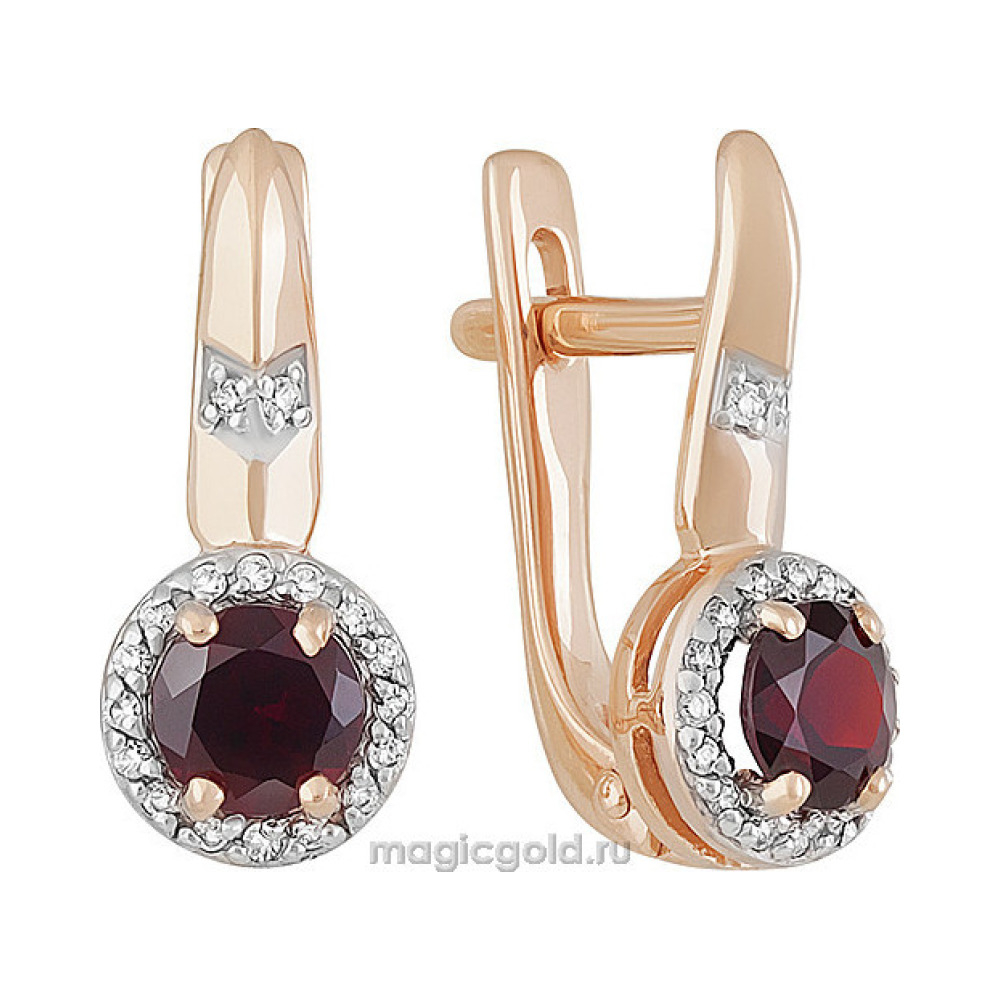 Золотые серьги с гранатом и фианитом № 141392