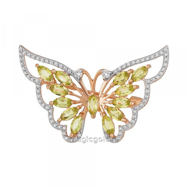 Золотая брошь с хризолитом и фианитом № 164306