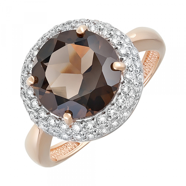 Золотое кольцо с раухтопазом и фианитом № 128464