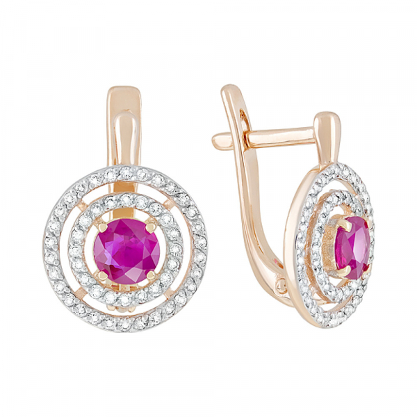 Золотые серьги с бриллиантом и рубином № 119143