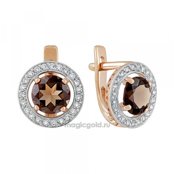 Золотые серьги с раухтопазом и фианитом № 139841
