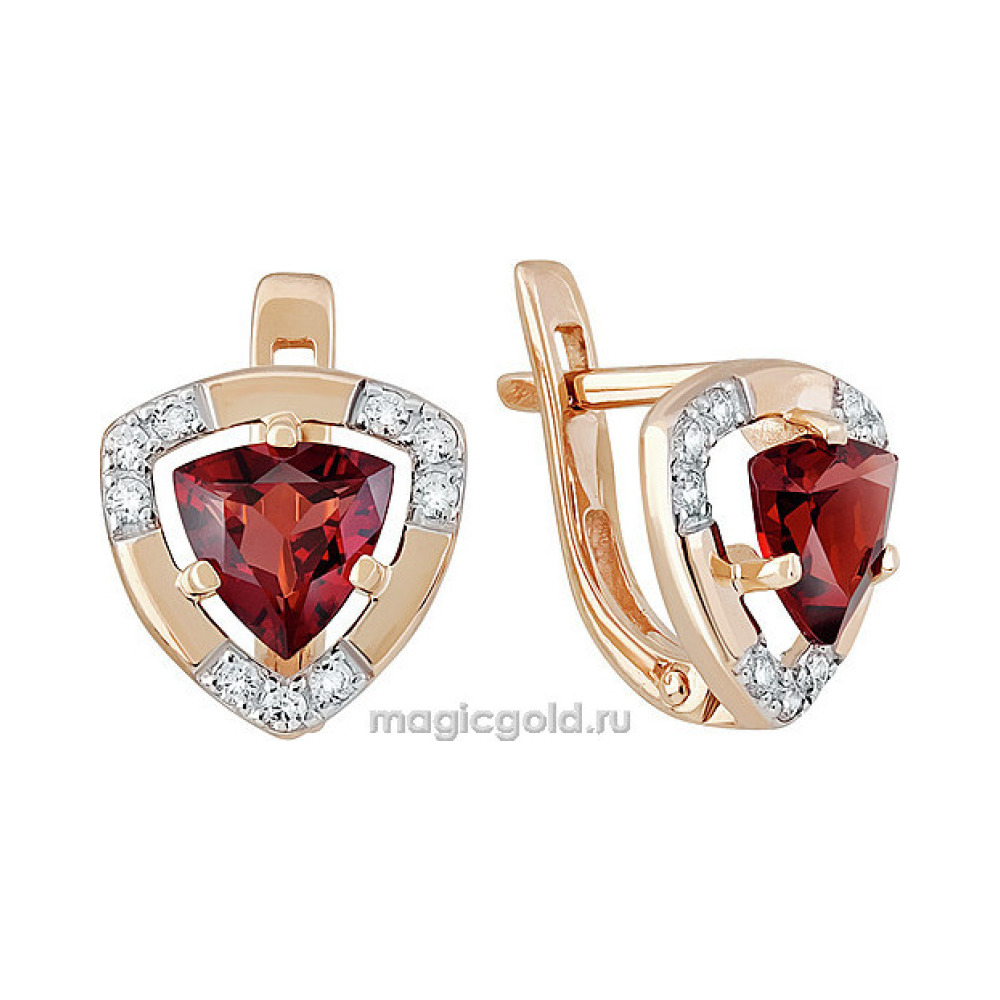 Золотые серьги с гранатом и фианитом № 142174