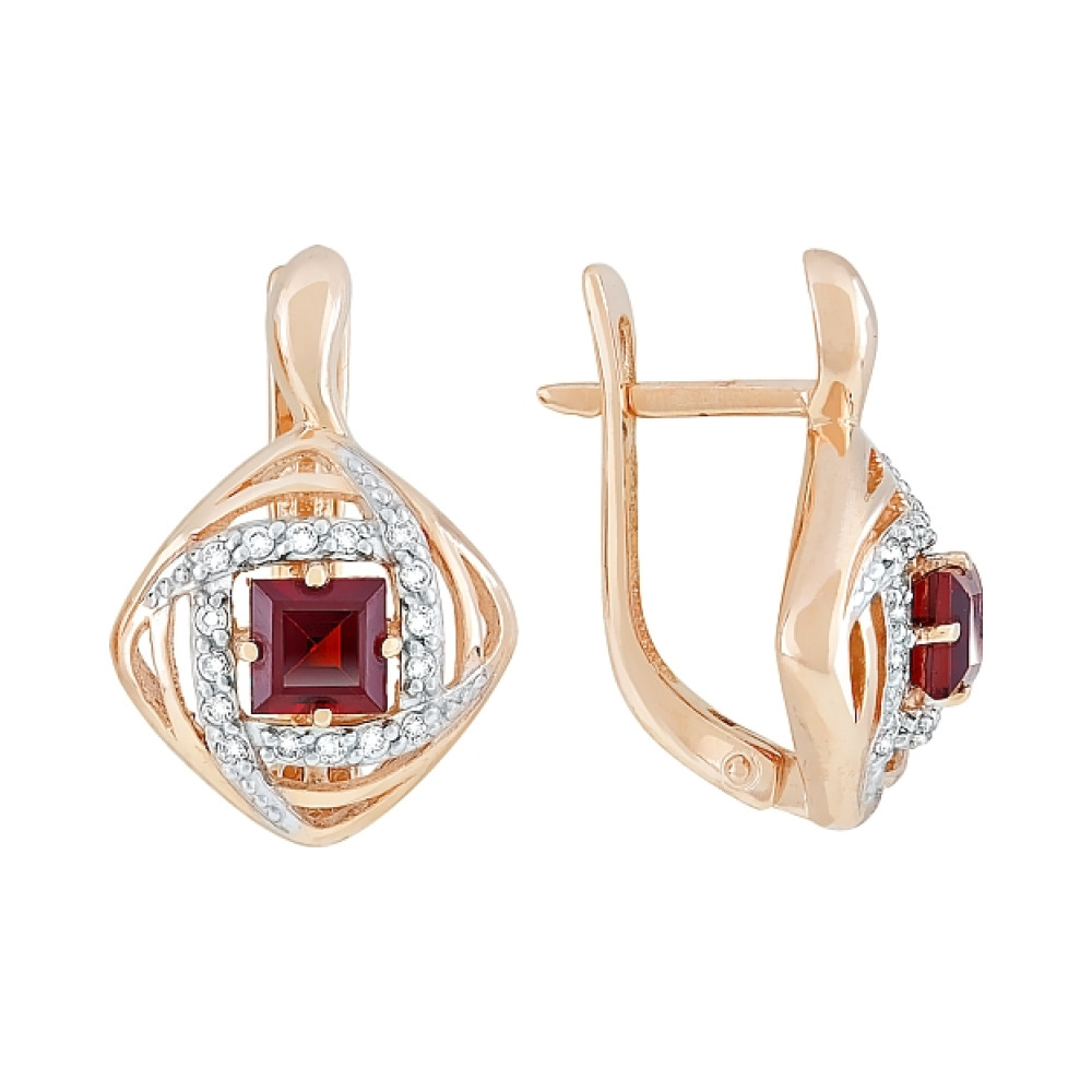Золотые серьги с гранатом и фианитом № 117892