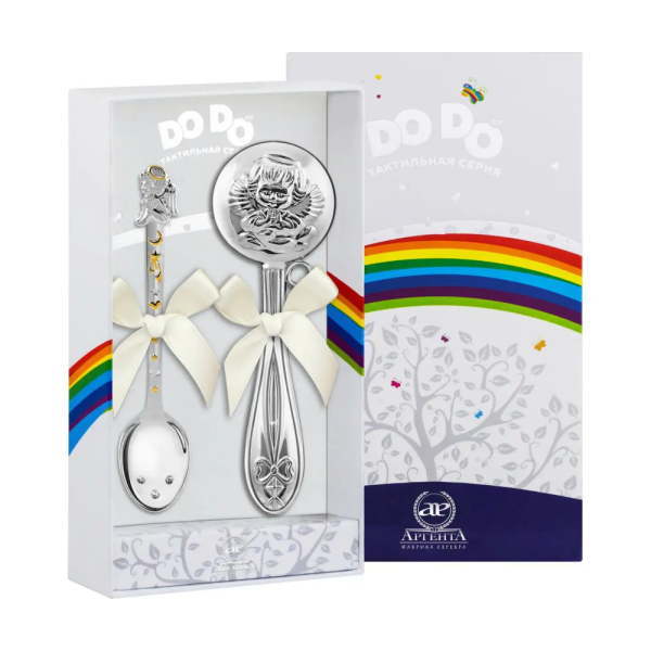 Набор для малышей DODO Ангел: ложка с позолотой и погремушка из серебра 925 пробы
