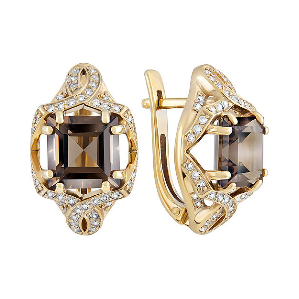 Серебряные серьги с раухтопазом, фианитом и золотым покрытием № 132642