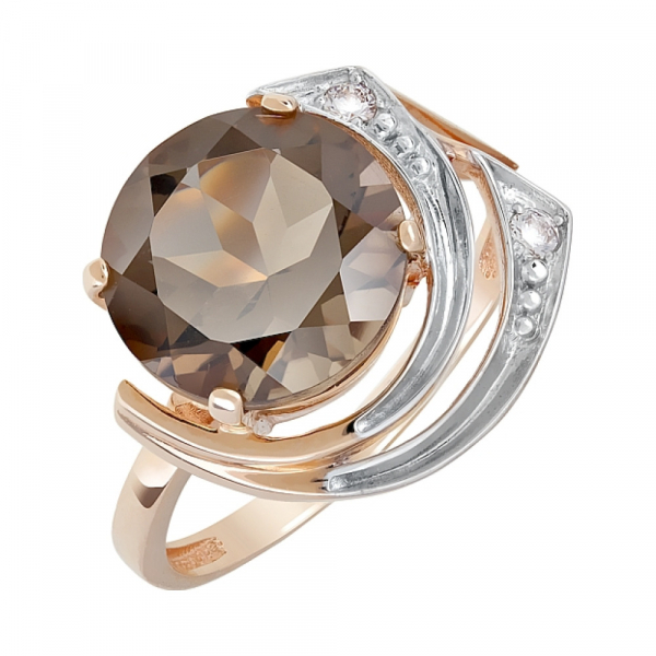 Золотое кольцо с раухтопазом и фианитом № 95919