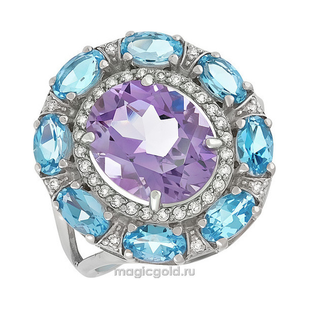 Серебряное кольцо с полудрагоценными вставками и фианитом № 137914