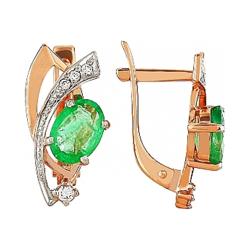 Золотые серьги с бриллиантом и изумрудом № 96950