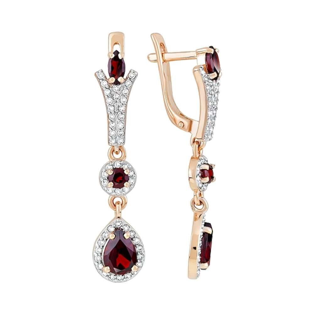 Золотые серьги с гранатом и фианитом № 119272