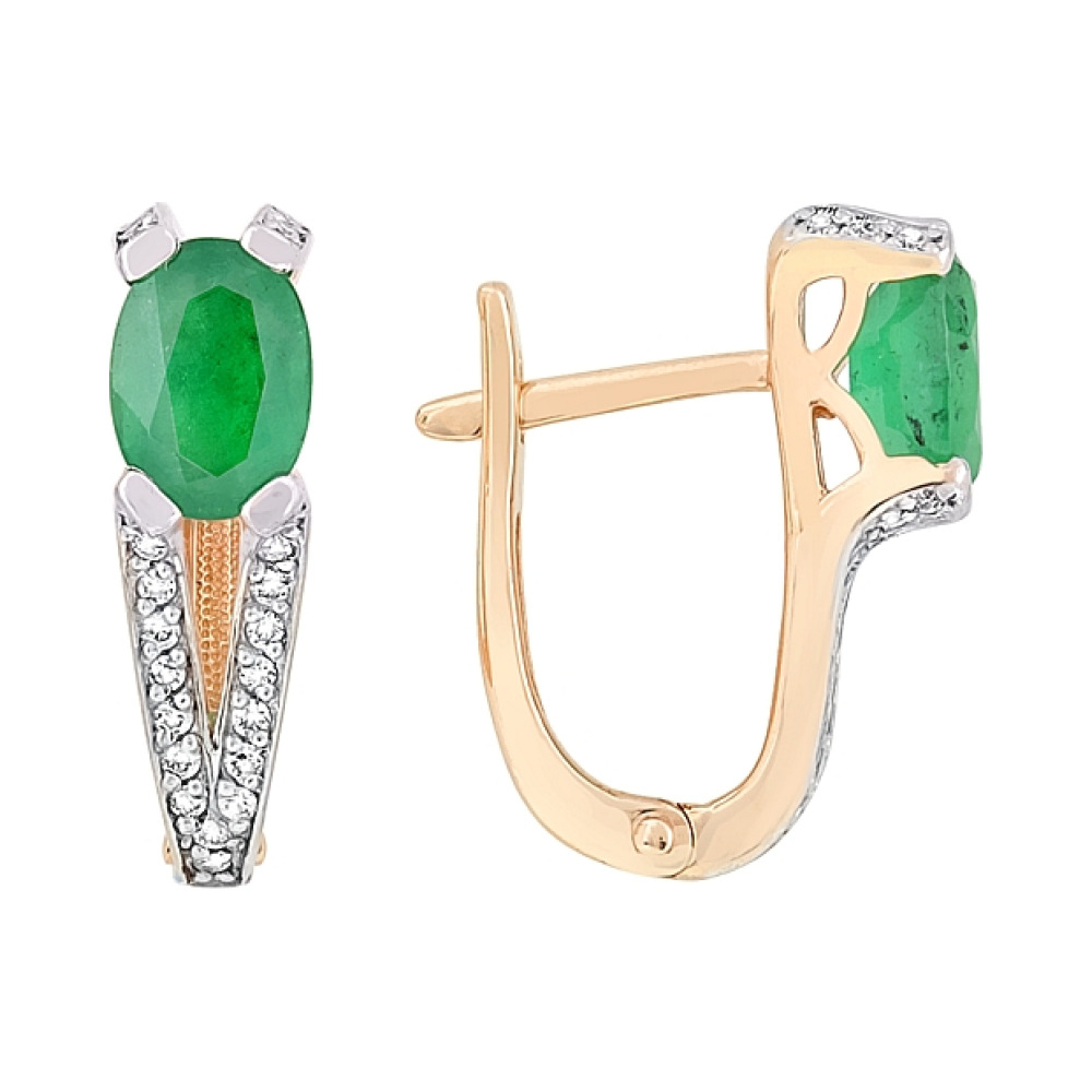 Золотые серьги с бриллиантом и изумрудом № 101116