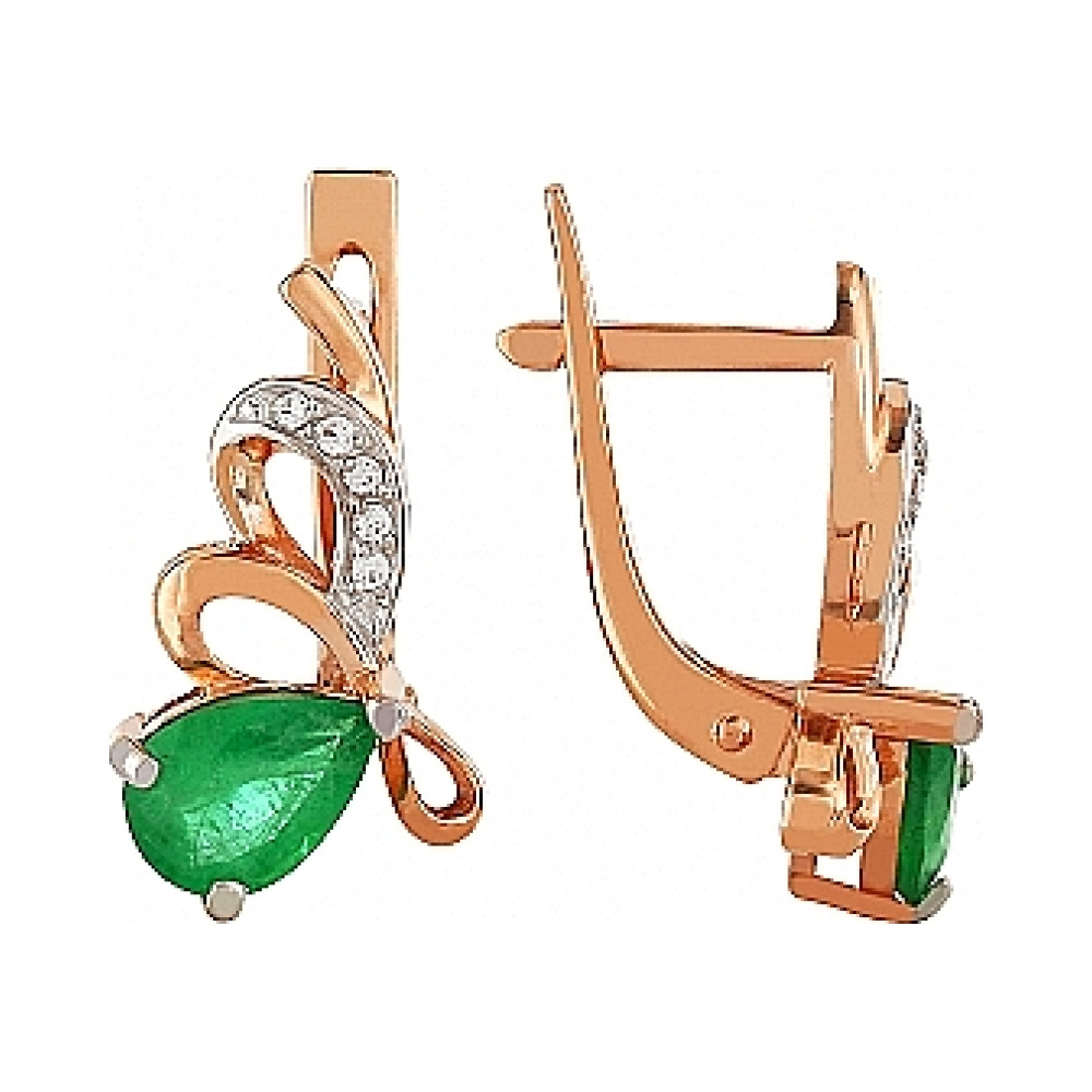 Золотые серьги с бриллиантом и изумрудом № 98950