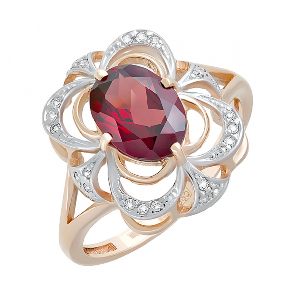 Золотое кольцо с гранатом и фианитом № 124605
