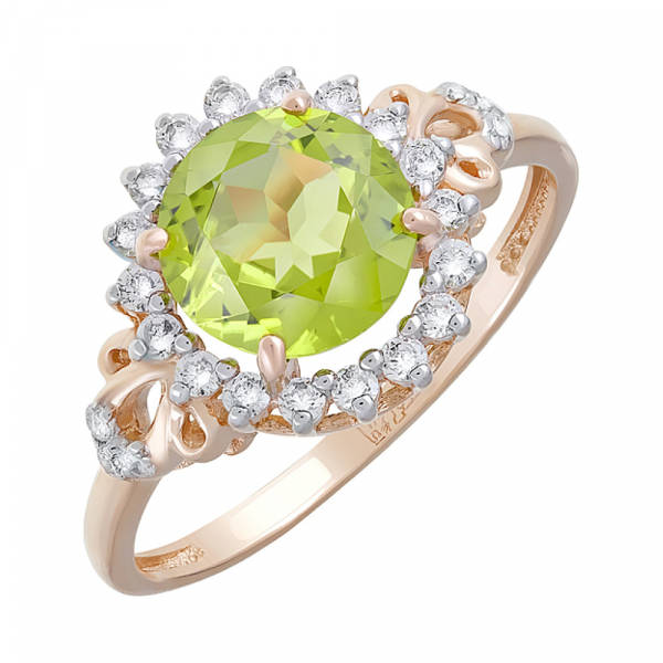 Золотое кольцо с хризолитом и фианитом № 124615