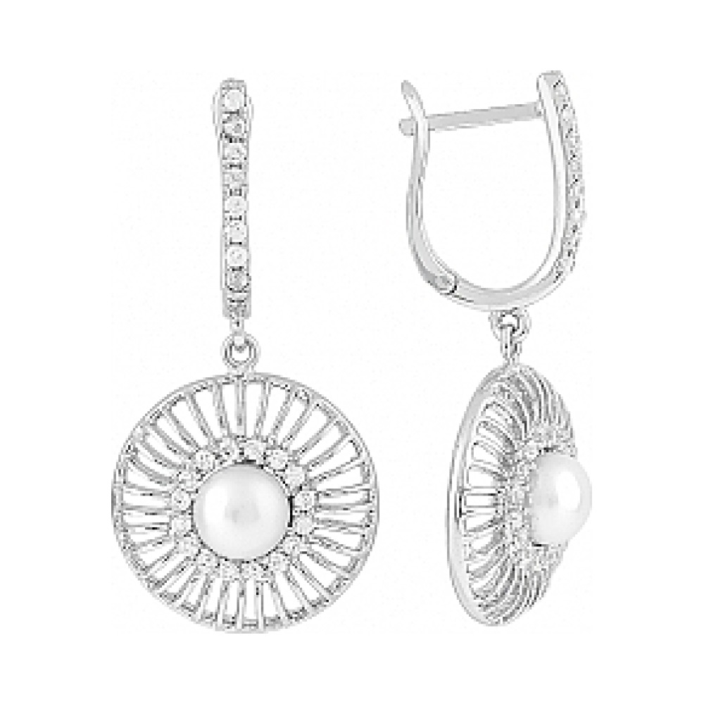 Серебряные серьги с имитац. жемчуга и фианитом № 114271
