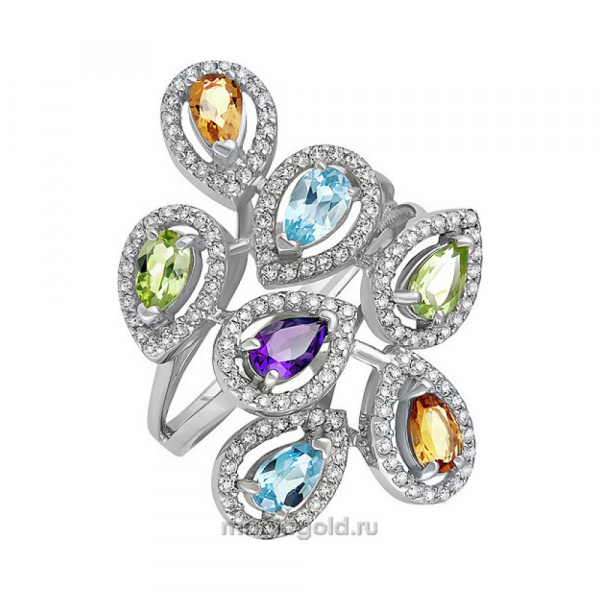 Серебряное кольцо с полудрагоценными вставками и фианитом № 136564