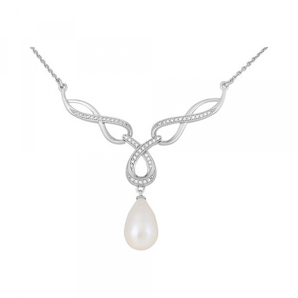Серебряное колье с жемчугом и фианитом № 131627