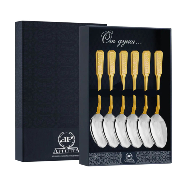 Набор чайной ложки Русская с позолотой и гравировкой Ромб из серебра 925 пробы