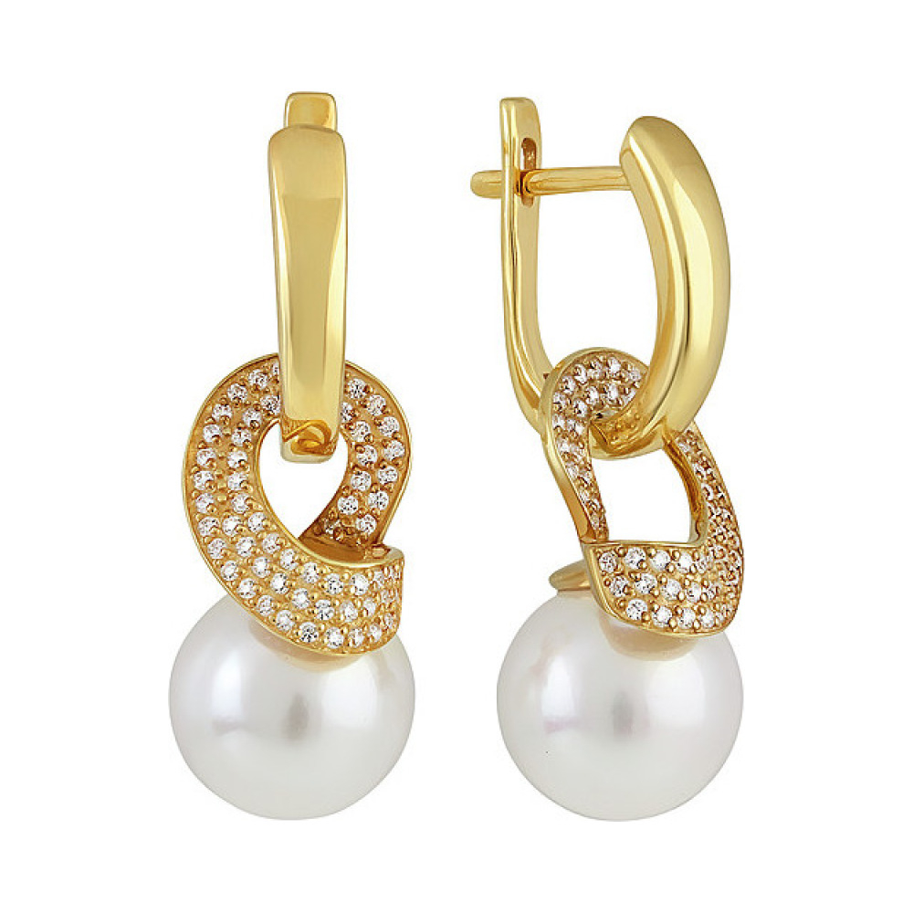 Серебряные серьги с перламутровым жемчугом, фианитом и золотым покрытием № 134315