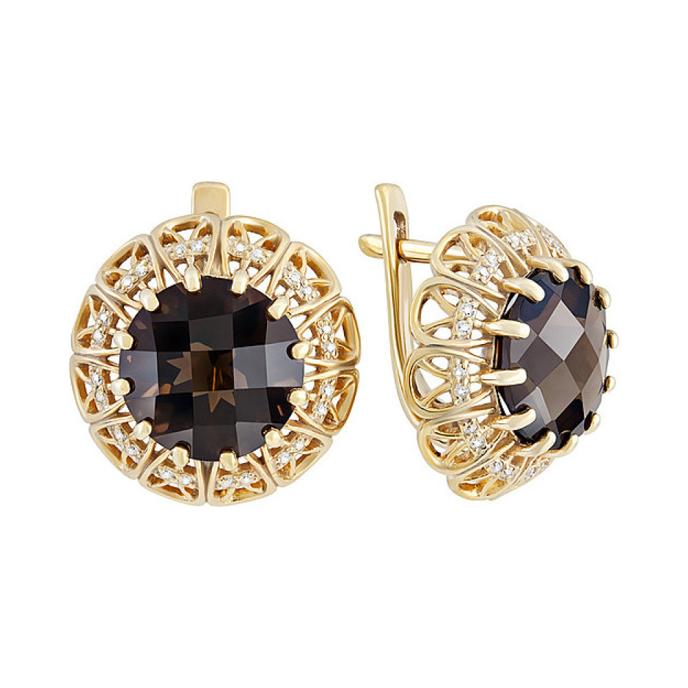 Серебряные серьги с раухтопазом, фианитом и золотым покрытием № 132718