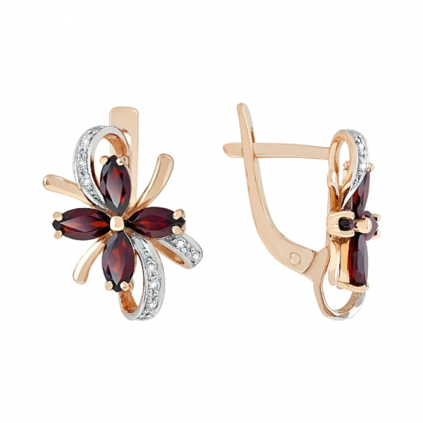 Золотые серьги с гранатом и фианитом № 96888