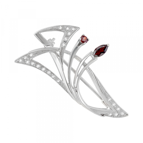 Серебряная брошь с гранатом и фианитом № 123891