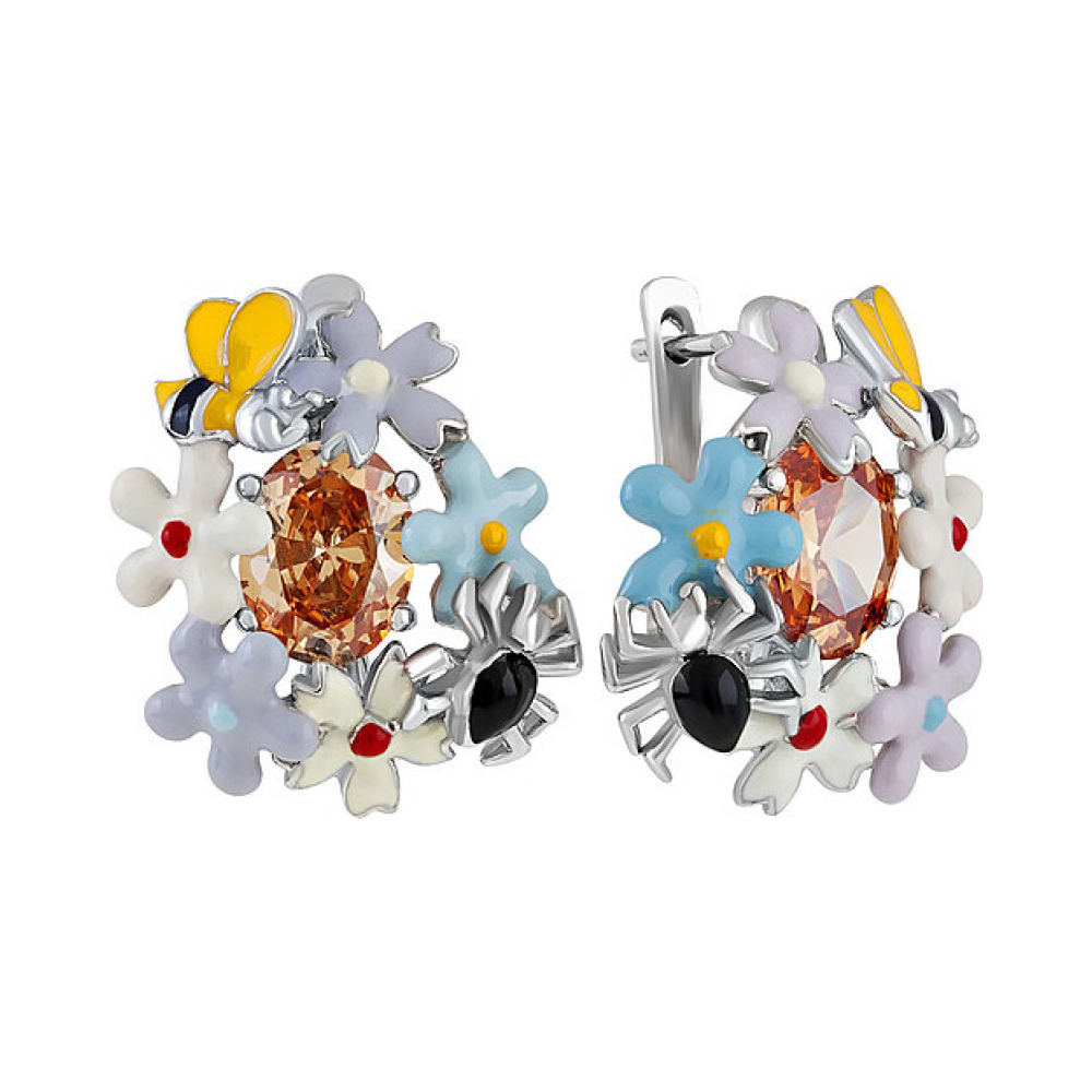 Серебряные серьги с фианитом и эмалью № 106152