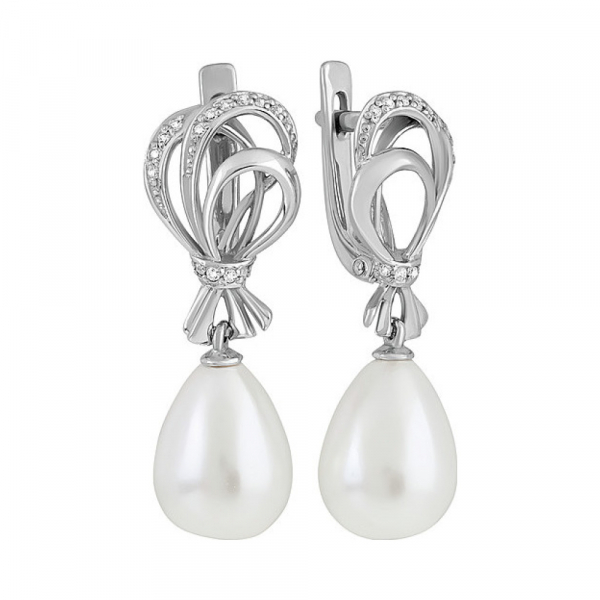 Серебряные серьги с перламутровым жемчугом и фианитом № 137337