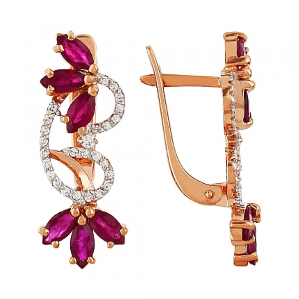 Золотые серьги с бриллиантом и рубином № 85614