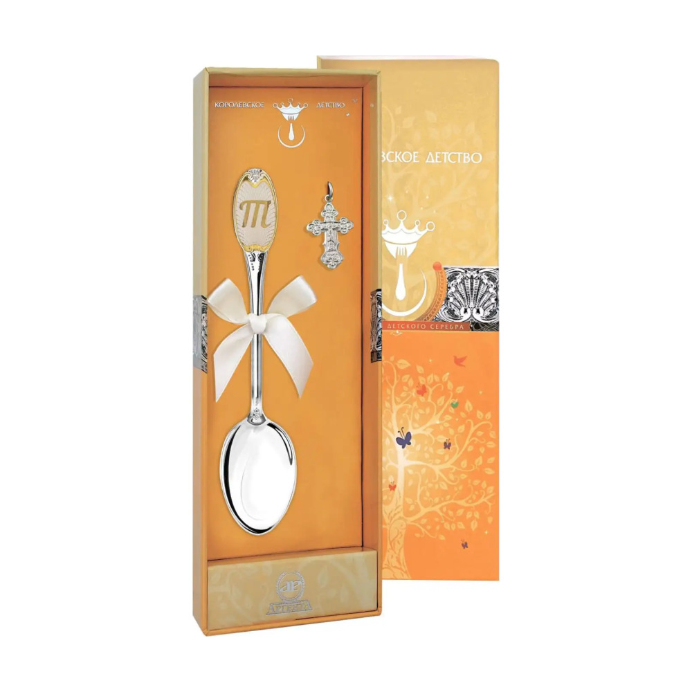 Набор Крестильный: крестик и ложка с буквой Т из серебра 925 пробы