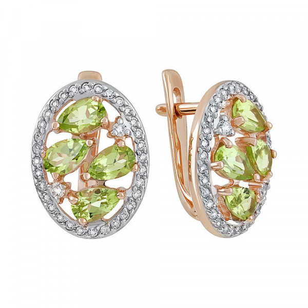 Золотые серьги с хризолитом и фианитом № 135577