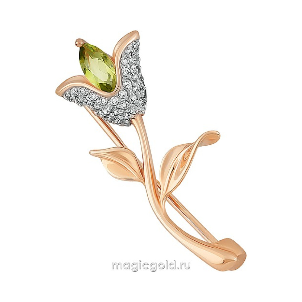 Золотая брошь с хризолитом и фианитом № 164308