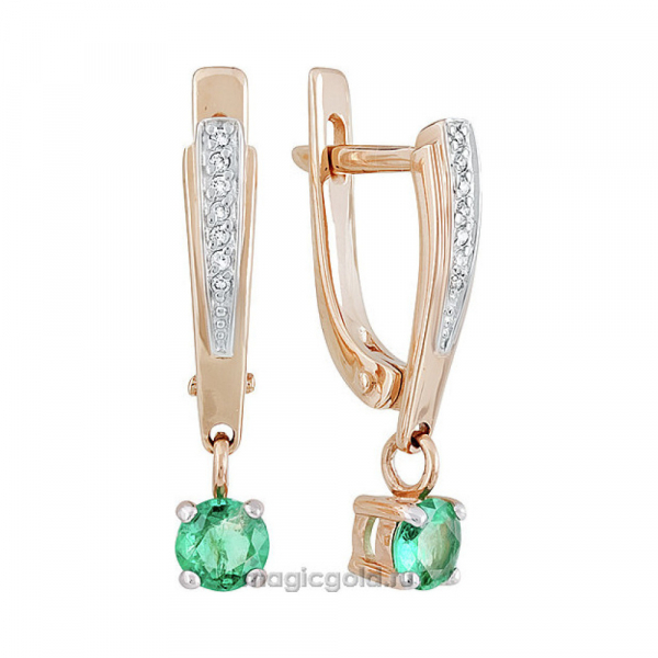 Золотые серьги с бриллиантом и изумрудом № 140500