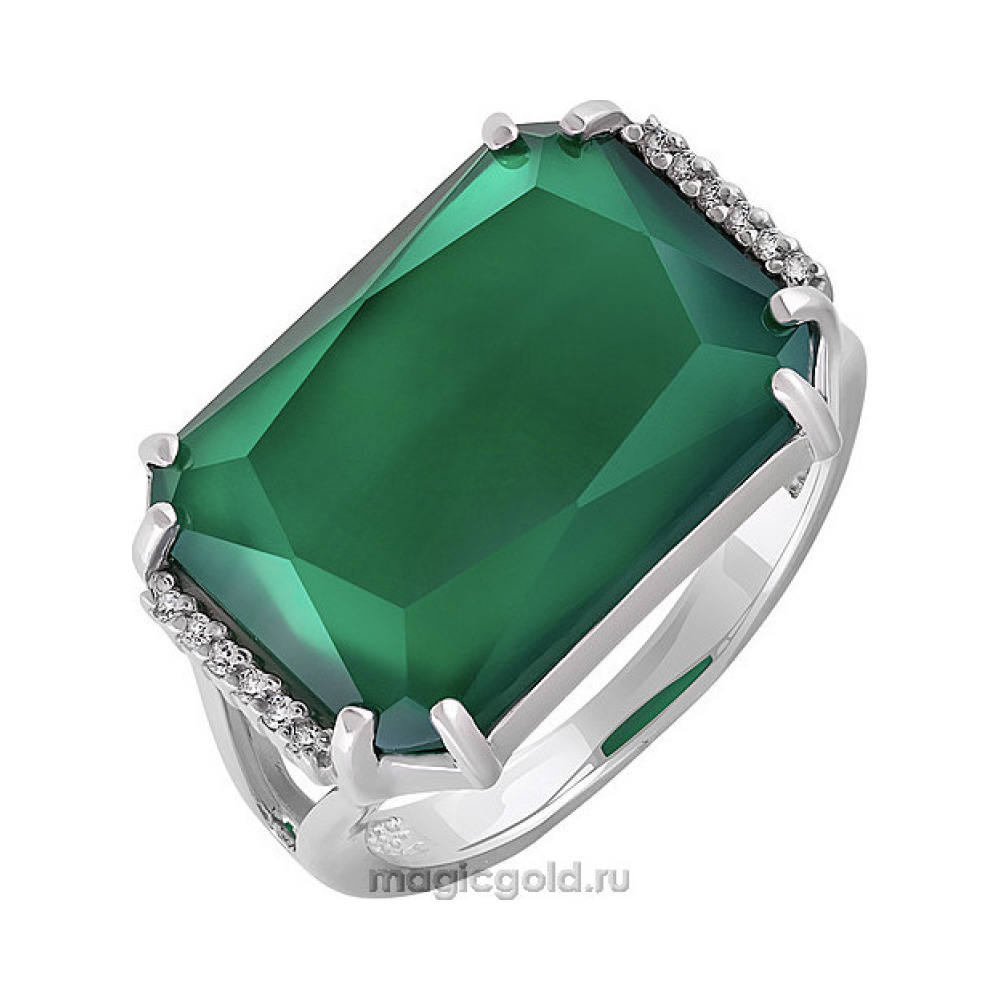 Серебряное кольцо с зелёным ониксом и фианитом № 140087